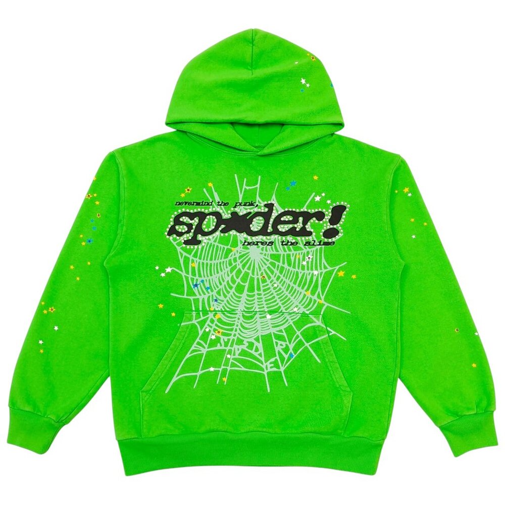 Sp5der P*NK V2 Rhinestone Pullover Hoodie Bright Green | Spider Worldwide
